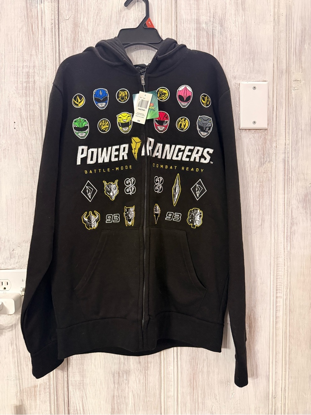 Power Ranger Black Zip-Up Hoodie with Multicolor Ranger Emblems - Picture 1 of 6